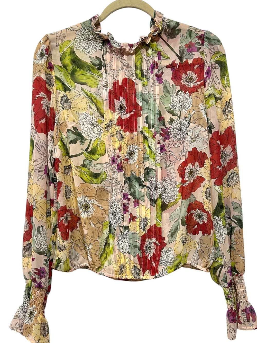 Guess Tyler Floral Pleated Blouse Fairycore Cottagecore Ruffle Mock Neck Sheer M